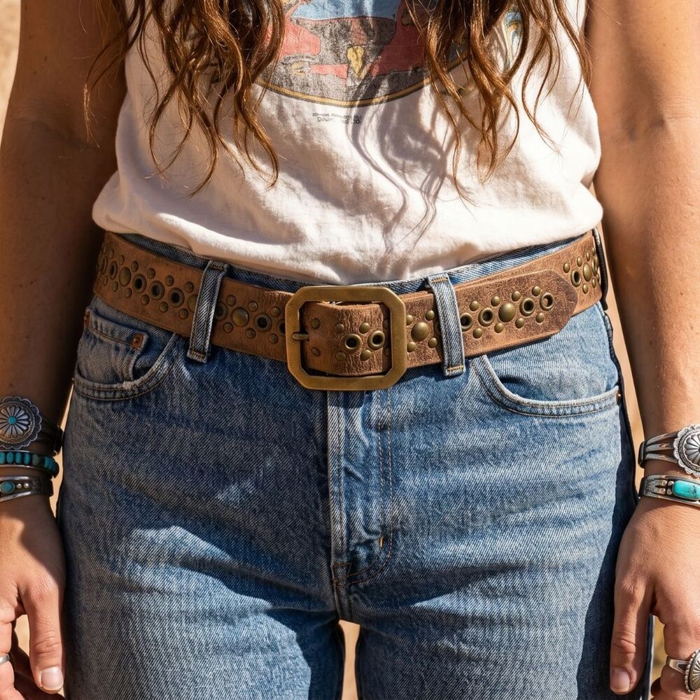 Studded Leather Belt M Brown Copper Metallic Western Boho Festival Cowgirl